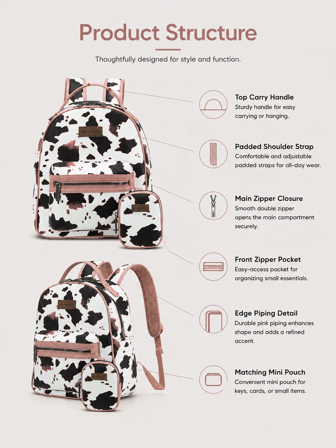 Cow Pattern PU Backpack Travel Bag Manufacturer Factory